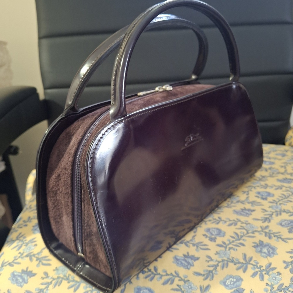 Y2K Vtg Longchamp Eggplant Patent Leather Suede Double Handle Bag Classic Luxury - Picture 2 of 11